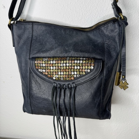 Lucky Brand Navy Blue Leather Crossbody Bag Shoulder Purse‎ Studs and Fringe - Picture 2 of 16